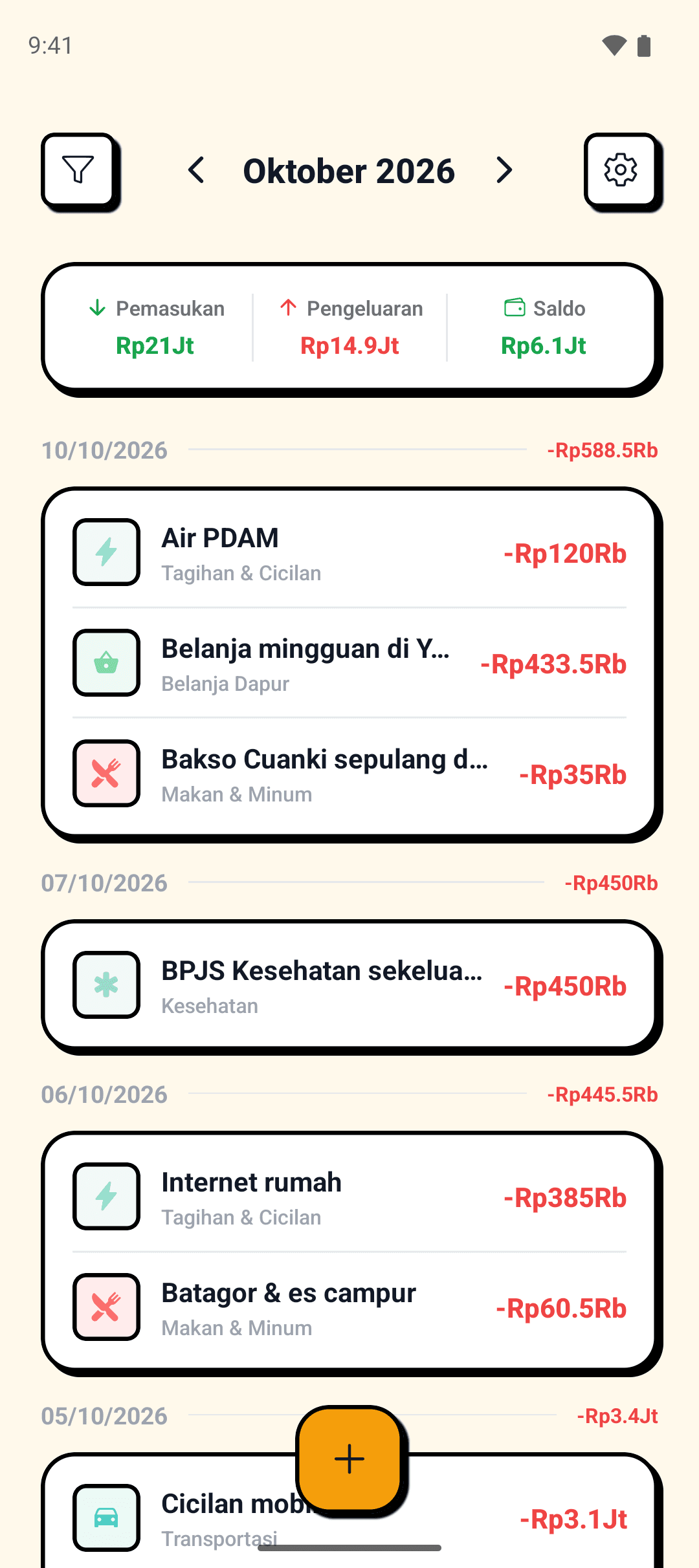 Layar daftar transaksi Nouveau bulan Oktober 2026: ringkasan pemasukan, pengeluaran, dan saldo, lalu transaksi per tanggal.