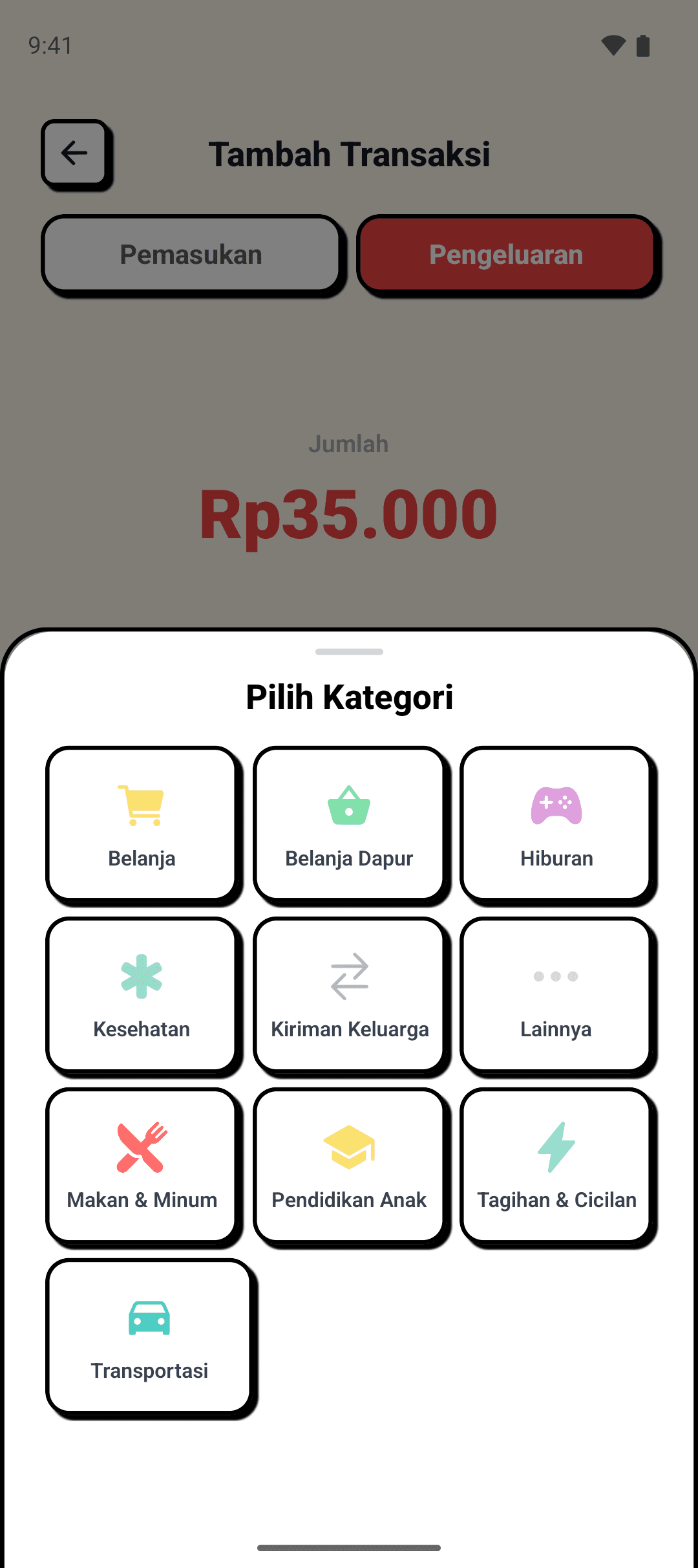 Pilihan kategori keluarga, misalnya Belanja Dapur, Pendidikan Anak, dan Kiriman Keluarga.